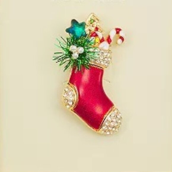 NAPIER Holiday Christmas Stocking with Treats Gold/Enamel and Crystal Brooch Pin - Picture 2 of 2
